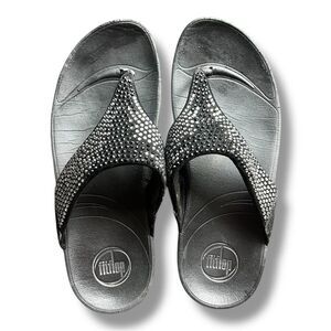 FitFlop Lulu Crystal Black Rhinestone Wedge Thong Sandals Size 7  Comfort Casual